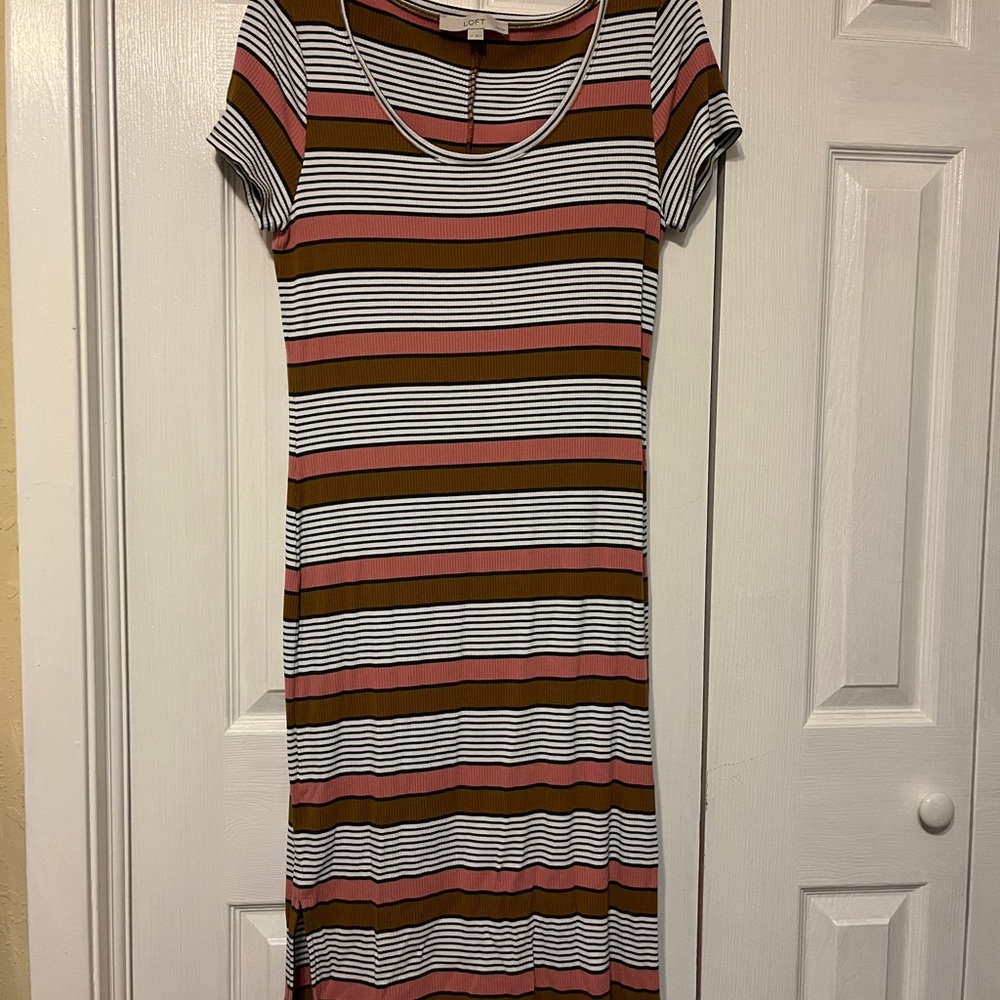 LOFT Pink, Golden Orange, and White Sheath Midi Dress